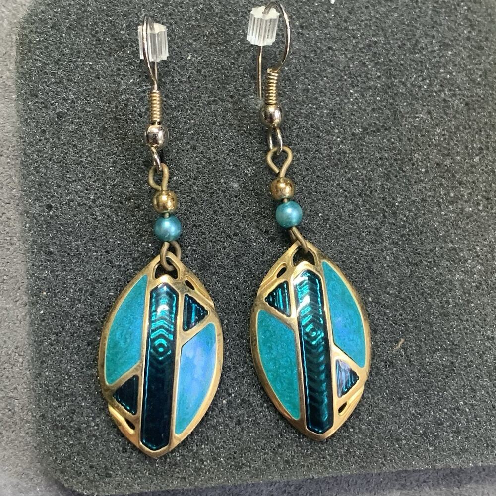 Vintage Dangle Earrings Tribal Shield Design Gold Tone Enamel Beaded Artisan